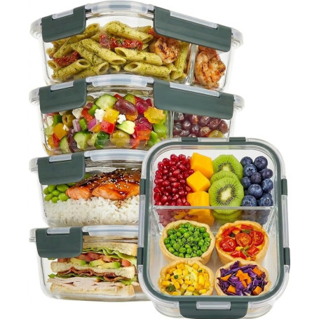 uandu Lot de 5 Boîtes Alimentaires en Verre – 2 Compartiments | Verre Borosilicate, Sans BPA, Compatible Micro-ondes, Four, Cong
