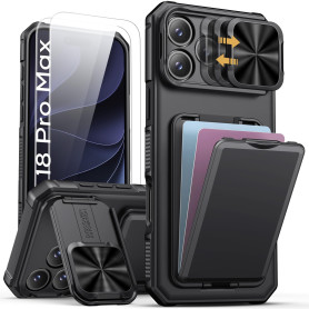 Vihibii Coque pour iPhone 18 Pro Max avec 2 Pièces Protection D'écran, Noir | Porte Carte, Support Réglable, Protection de l'obj