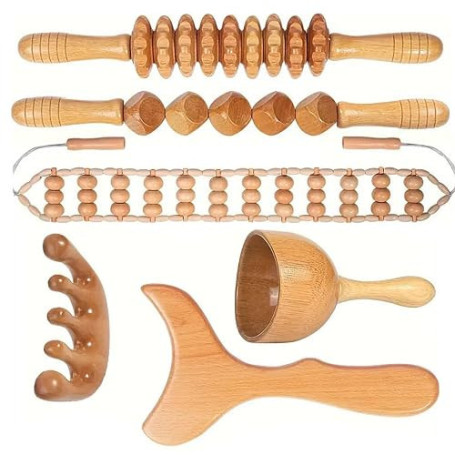Kit de Massage en bois 6 en 1 pour Drainage Lymphatique & Modelage du Corps | Kit Professionnel de Madérotérapie, avec Rouleau d