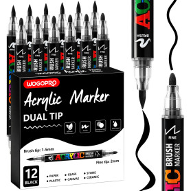 WOGOPRO 12 Feutre Acrylique Noir, Double Pointe, Marqueur Acrylique, Acrylic Paint Marker, Stylo Acrylic pour Coloriage, Calligr