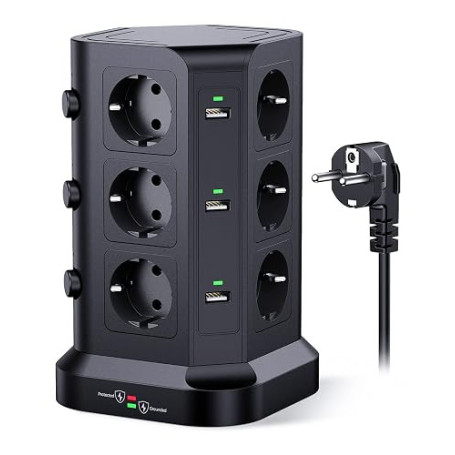 KOOSLA Tour multiprise parafoudre et surtension(4000W/16A), Multiprise Electrique avec 6 Ports USB et 12 Prises, multiprise avec