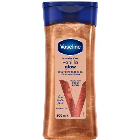 Vaseline Intensive Care Vanilla Glow Sunlit Shimmer, huile corporelle relaxante à base de beurre de cacao pur, de vanille et de 