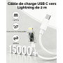 Chargeur iPhone 20W avec Cable USB C vers Lightning de 2m, Chargeur USB C Rapide avec Câble Lightning,Prise Secteur Type C pour 