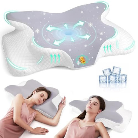 Oreiller Ergonomique Cervical,Oreiller Memoire Forme Papillon Rafraîchissant,Convient dormeurs côté, Dos, Ventre, Housse Amovibl