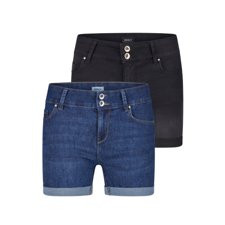 ONLY ONLCARMEN Lot de 2 shorts en jean stretch pour femme - Coupe skinny - Taille moyenne - Basique - Bleu - Noir - Tailles S, M