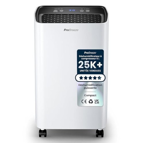 Pro Breeze Déshumidificateur d Air 6L/jour, Éliminateur de Moisissure Noire, Absorbeur d'Humidité Automatique, Sèche-linge, Désh