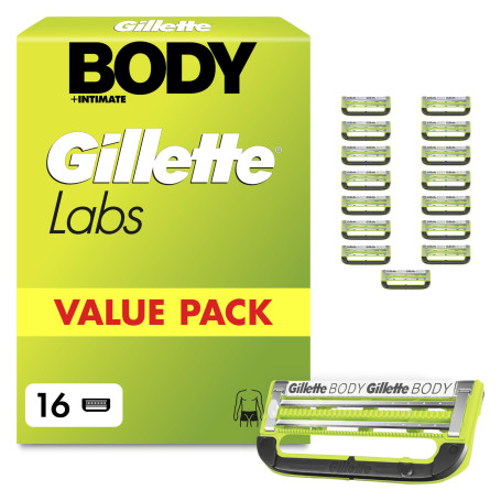 Gillette Labs Body + Intimate Lames de Rasoir Homme, Pack 16 | Cartouches de Rasage pour la Zone Intime et le Corps, Tête à 2 La