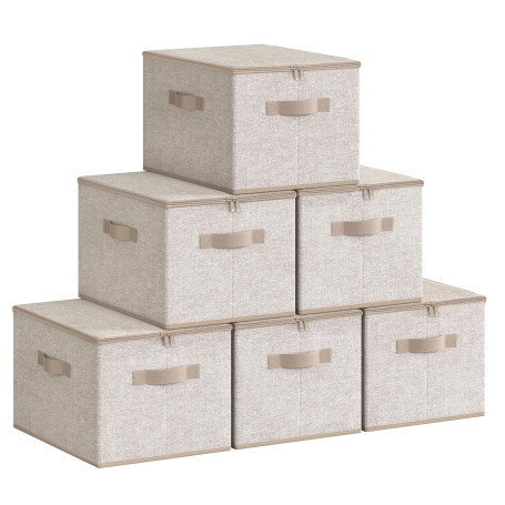 SONGMICS Sac de Rangement, Lot de 6, Pliable, avec Couvercle | Boîte de Rangement, avec Poignées, pour Jouets, Vêtements, Beige 