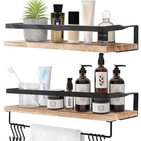 Uten Lot de 2 Étagères Murales en Bois, Design Moderne, avec Porte-Serviettes et Crochets, Rustiques, pour Cuisine, Salle de Bai