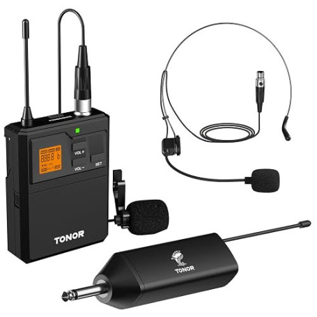 TONOR Micro sans Fil UHF avec Microphone Casqueà/Micro Cravate, Transmetteur Bodypack et Mini récepteur Rechargeable Sortie 6,35