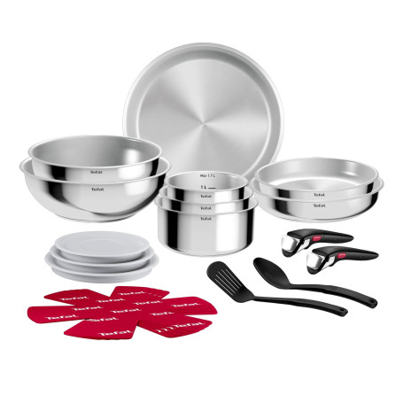 Tefal Ingenio Comfort Max, Batterie de cuisine 19 pièces, Acier inoxydable | Ensemble de poêle et casserole induction empilables