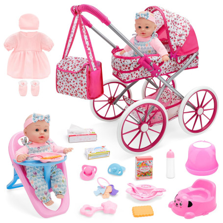 deAO Kit Poussette pour poupée avec Poupée 31cm, 2 Tenues et Chaise Haute | Kit Jeu de Poupée Accessoires avec Sac, Biberon Pot 
