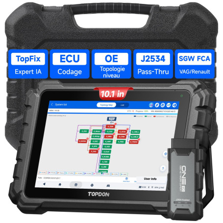TOPDON ONE 10,1" Professionnel Valise Diagnostic Auto Français,IA TopFix | J2534 Pass-Thru, Codage ECU & Cartographie topologiqu