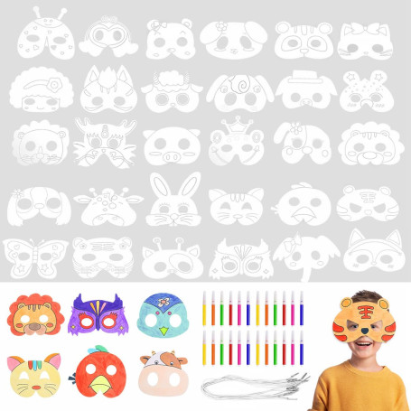 32Pcs Masques d'Animaux pour Enfants, Masques pour Enfants à Colorier | avec Cordes Élastiques et Crayons à Aquarelle pour Hallo