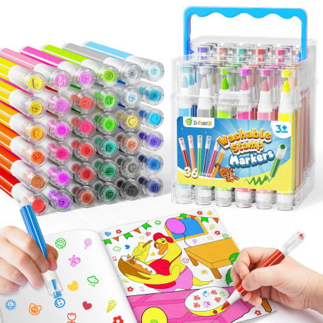 D-FantiX 36 couleurs de marqueurs lavables pour enfants, set de marqueurs de coloriage avec livres de coloriage et support, boît
