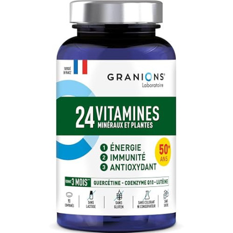 Granions - 24 Vitamines - Multivitamines - Vitamine C - Zinc - 90 Comprimés | Fabriqué en France, Enrichi en Vitamine D, Coenzym
