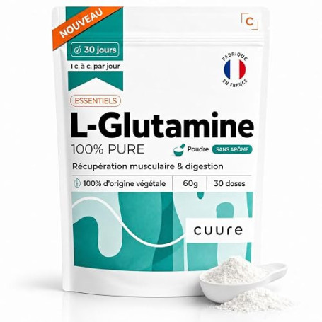 L-Glutamine - CUURE - Acide Aminé en Poudre [60g] - 100% Pure - Récupération Sport - Hautement Biodisponible - 30 Jours - Saveur