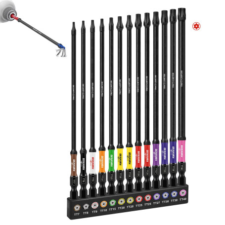 GEINXURN Set d'Embouts Torx Longs avec Trou 13 Pièces, Torx Sécurité TH7-TH40, Longueur 150 mm, Acier Allié S2, Queue Hexagonale