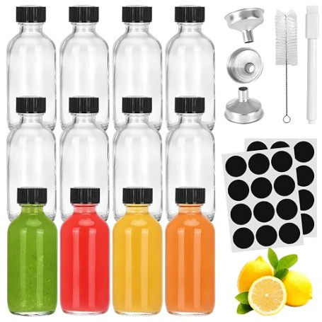 12 Mini Bouteilles Verre 60 ml à Remplir – Petites Bouteilles à Shot | Avec Couvercles Brosse, Stylo, Entonnoir & Étiquettes | p