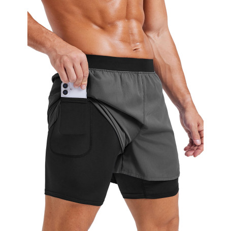 PINSPARK Short de Sport 2 en 1 pour Homme Short de Sport à séchage Rapide avec sous-Short de Compression Extensible intégré et P