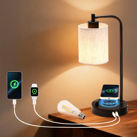 Lampe de Chevet avec Chargeur Sans Fil, USB-C et USB-A, Intensité Variable | Charge sans fil 5 W, USB-C et USB-A, abat-jour en l
