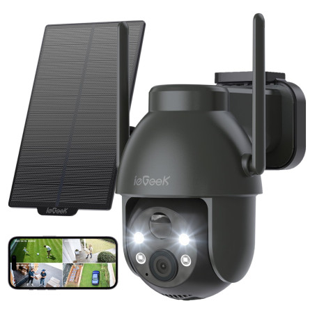 ieGeek 2K Camera Surveillance WiFi Exterieure sans Fil avec Panneau Solaire | 360° PTZ Détection PIR/IA, 15M Nocturne Couleur, R