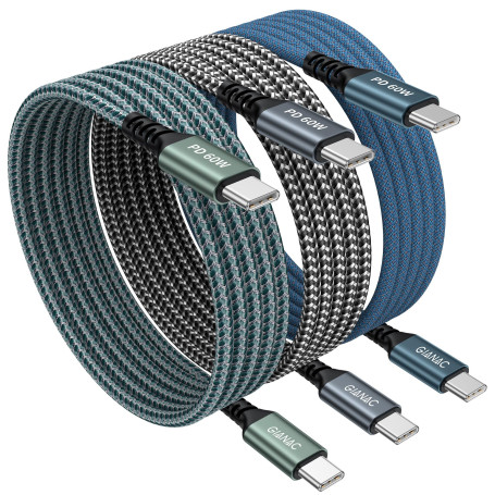 GIANAC Câble USB C vers USB C 1m/Lot de 3 Cable USB C 60W Charge Rapide | USBC Câble Nylon Tressé pour iPhone 17 16 15 Pro Max,M