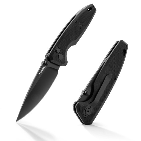 FLISSA Couteau de Poche Pliant en Acier D2 avec Manche en G10 | Goujon de Pouce Inclus, Verrouillage par Bouton, Clip Ceinture, 