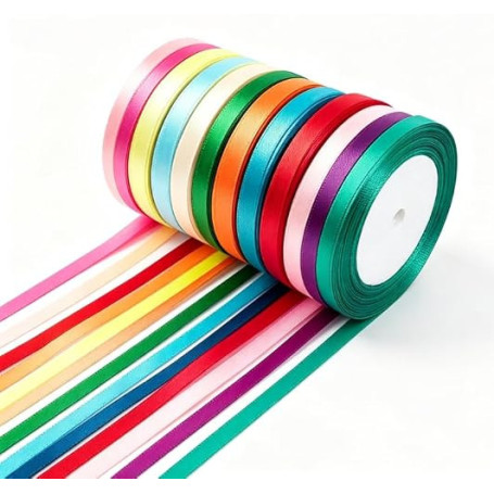 12 Rubans Satin 10 mm, Rubans Colorés pour Emballage Cadeau, Décorations Mariage, Bouquets, Noeuds et Projets DIY - Polyester de