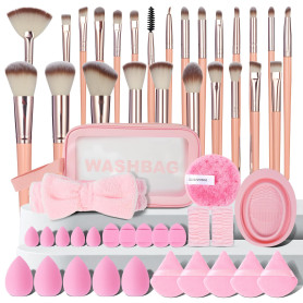 LOPHE Pinceaux Maquillage 51 Pièces, Set Professionnel Complet, Rose | Avec Éponges, Houppettes et Outils Nettoyage, Trousse Ran