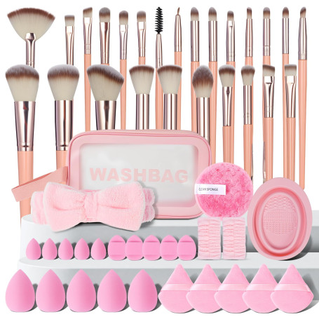 LOPHE Pinceaux Maquillage 51 Pièces, Set Professionnel Complet, Rose | Avec Éponges, Houppettes et Outils Nettoyage, Trousse Ran