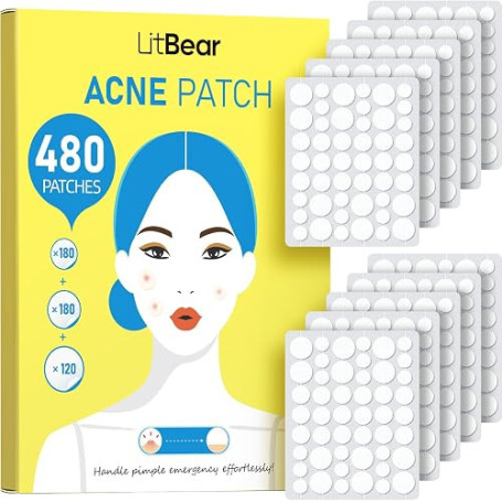 LitBear Lot de 480 patchs hydrocolloïdes pour l'acné et l'acné, 3 tailles, pour couvrir les boutons, les imperfections et l'acné