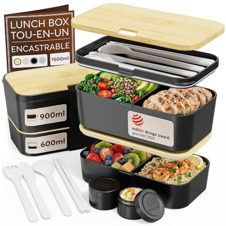 Umami Lunch Box Bento, Tout en-1 avec Couverts, Étanche, Encastrable, | 1500 ml, Premium boîte repas adulte, micro-ondable, 2 po
