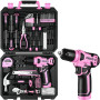 DEKO Caisse a Outil Rose avec Perceuse Visseuse Multifonction Sans Fil 8V, 126 Pièces Malette Outils complete, Ensemble d'Outils