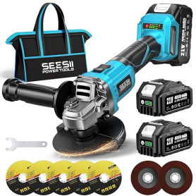 SEESII Meuleuse d'angle sans fil 125 mm, 2 x 4000 mAh Meuleuse d'angle Électrique Sans Balais 10 000 tr/min Avec 4 Roues de Coup