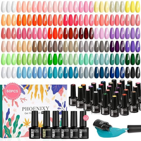 Phoenixy Vernis Semi Permanent 60PCS Vernis Gel UV Semi Permanent | 54 Couleurs Kit Ongle Gel pour Débutants avec Base et Top Co